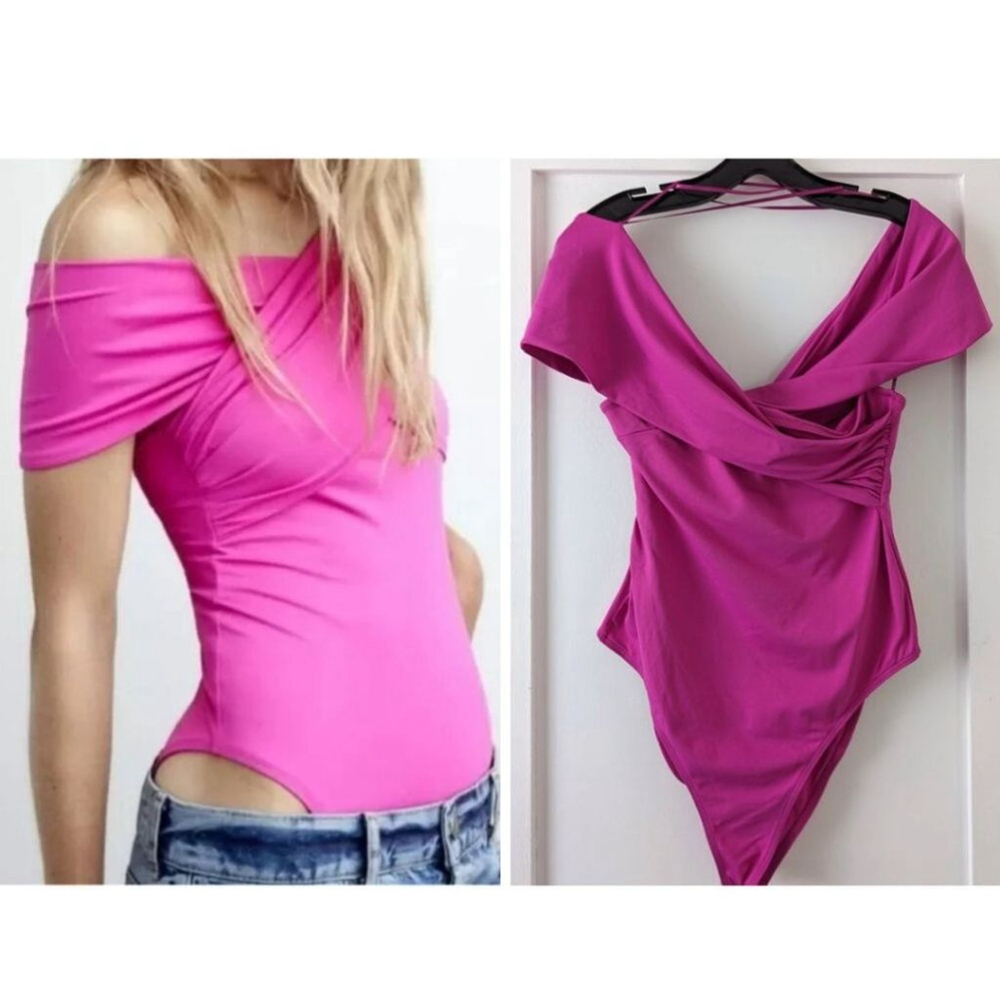 NEW Zara | Off Shoulder Crossover Bodysuit in Fuchsia Pink